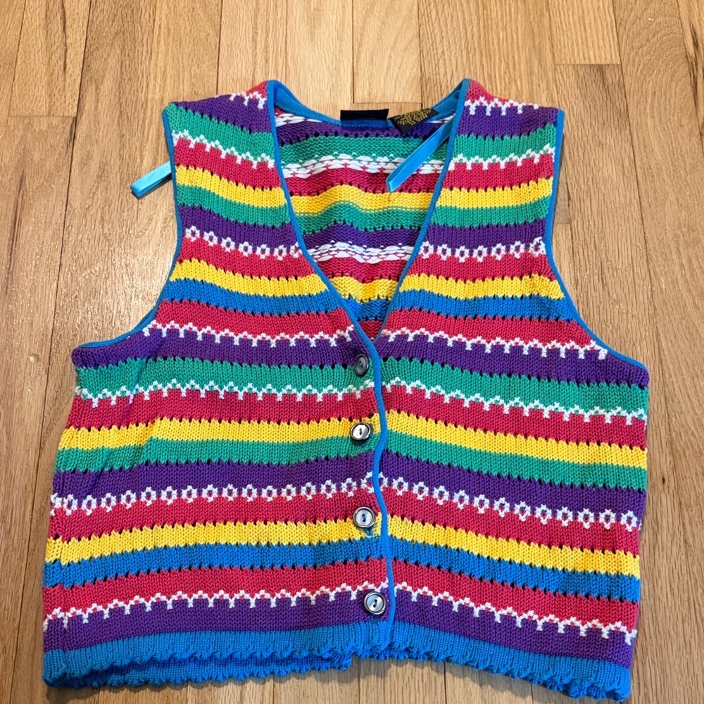 Vintage Liz Sport Rainbow Colorful Knit Sleeveless Vest Sz Petite